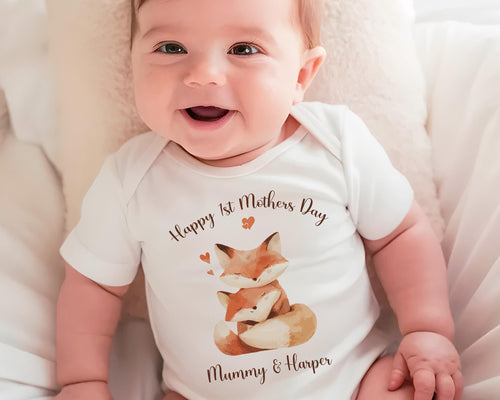 First Mothers Day Gift Present - Personalised Babygrow Tee Vest New Mum Fox Mummy and Baby Design - Matching Cushion Woodland Animals SMC004