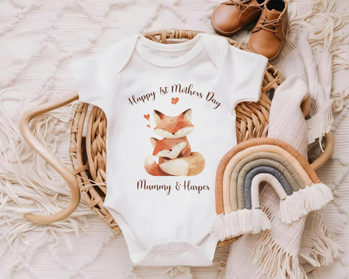 First Mothers Day Gift Present - Personalised Babygrow Tee Vest New Mum Fox Mummy and Baby Design - Matching Cushion Woodland Animals SMC004