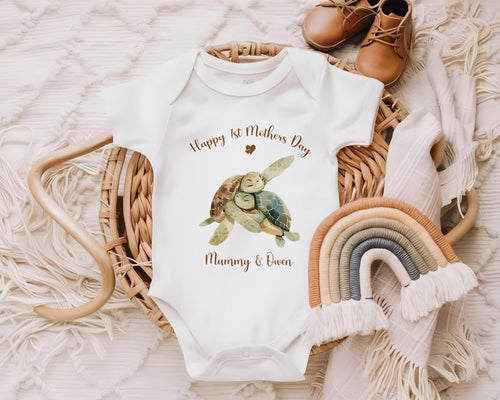 First Mothers Day Gift Personalised Present - Turtle Design Babygrow Tee Vest Gift for New Mum Gift from Baby Print Matching Cushion SMC009