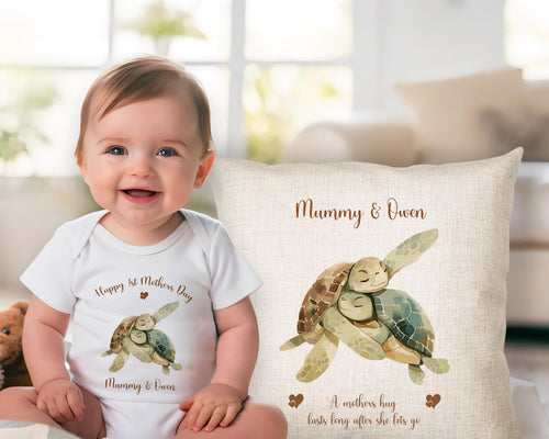 First Mothers Day Gift Personalised Present - Turtle Design Babygrow Tee Vest Gift for New Mum Gift from Baby Print Matching Cushion SMC009