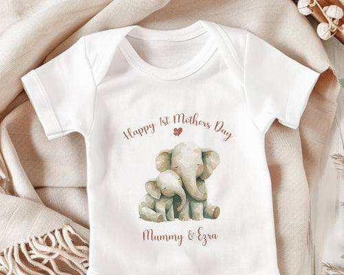 First Mothers Day Gift Personalised Present - Elephant Design Babygrow Tee Vest Gift for New Mum Gift from Baby - Matching Cushion SMC008