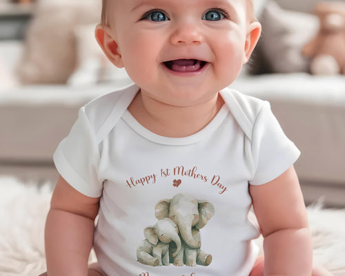 First Mothers Day Gift Personalised Present - Elephant Design Babygrow Tee Vest Gift for New Mum Gift from Baby - Matching Cushion SMC008
