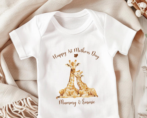 First Mothers Day Gift Personalised Present - Giraffe Design Babygrow Tee Vest Gift for Watercolour Wild Animals - Matching Cushion SMC007