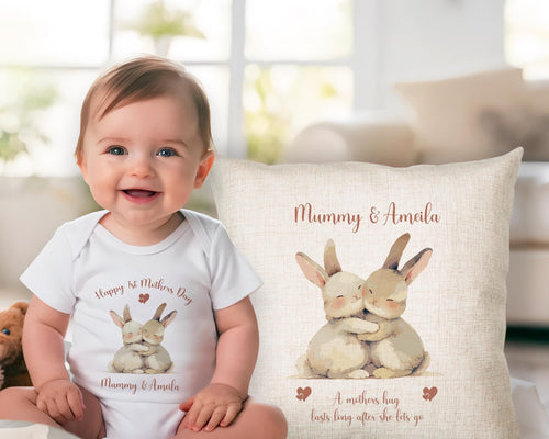 First Mothers Day Gift Personalised Present - Cute Bunny Rabbit Design Babygrow Tee Vest Gift for Mum Animals - Matching Cushion SMC006