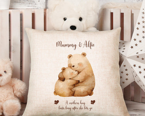 First Mothers Day Gift Personalised Present - Cuddle Bears Design Babygrow Tee Gift for Mum - Watercolour Animals Matching Cushion SMC005