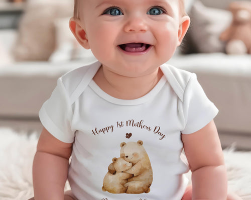 First Mothers Day Gift Personalised Present - Cuddle Bears Design Babygrow Tee Gift for Mum - Watercolour Animals Matching Cushion SMC005