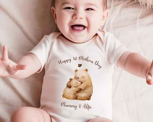 First Mothers Day Gift Personalised Present - Cuddle Bears Design Babygrow Tee Gift for Mum - Watercolour Animals Matching Cushion SMC005