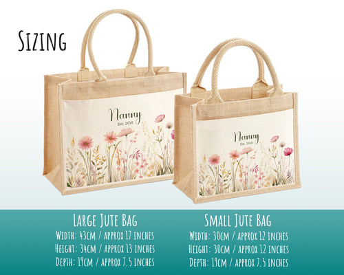 Nanny Gift Personalised Jute Bag - Pink Wild Flower Tote Bag Gift for Grandma Nan - Custom Shopping Market Bag - Bag for Nans Birthday BT001
