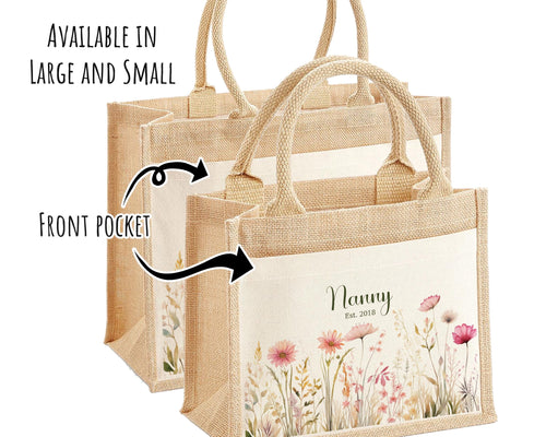 Nanny Gift Personalised Jute Bag - Pink Wild Flower Tote Bag Gift for Grandma Nan - Custom Shopping Market Bag - Bag for Nans Birthday BT001