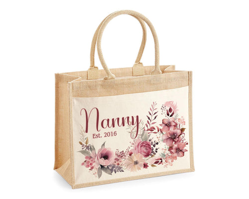 Nanny Gift Personalised Jute Bag - Floral Pink Tote Bag Gift for Grandma Nan - Custom Shopping Market Bag - Nanny Bag for Nan Birthday BT005