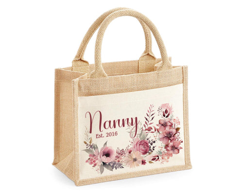 Nanny Gift Personalised Jute Bag - Floral Pink Tote Bag Gift for Grandma Nan - Custom Shopping Market Bag - Nanny Bag for Nan Birthday BT005