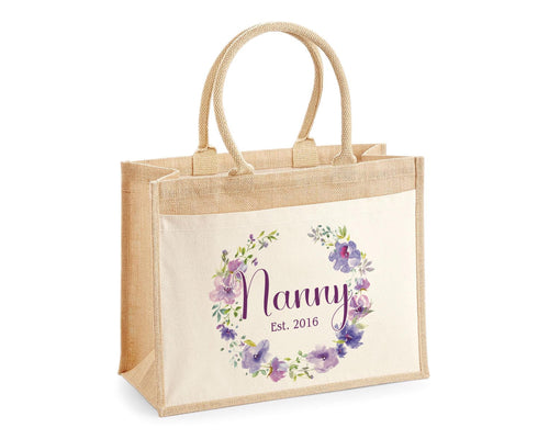 Nanny Gift Personalised Jute Bag - Purple Flower Tote Bag Gift for Grandma Nan - Custom Shopping Market Bag - Bag for Nans Birthday BT006