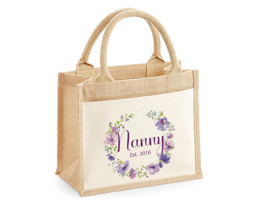 Nanny Gift Personalised Jute Bag - Purple Flower Tote Bag Gift for Grandma Nan - Custom Shopping Market Bag - Bag for Nans Birthday BT006