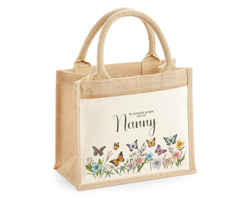 Nanny Gift Personalised Jute Bag - Butterfly Wild Flowers Tote Bag Gift for Grandma Nan - Custom Shopping Market Bag - Nans Birthday BT007