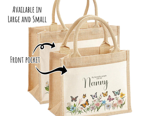 Nanny Gift Personalised Jute Bag - Butterfly Wild Flowers Tote Bag Gift for Grandma Nan - Custom Shopping Market Bag - Nans Birthday BT007