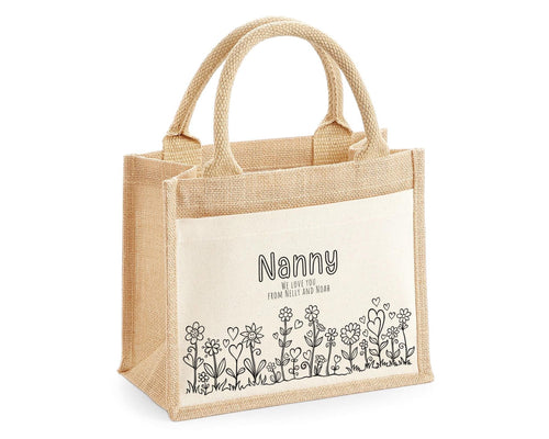 Nanny Gift Personalised Jute Bag - Floral Doodle Tote Bag Gift for Grandma Nan - Custom Shopping Market Bag for Nans Birthday Hearts BT008