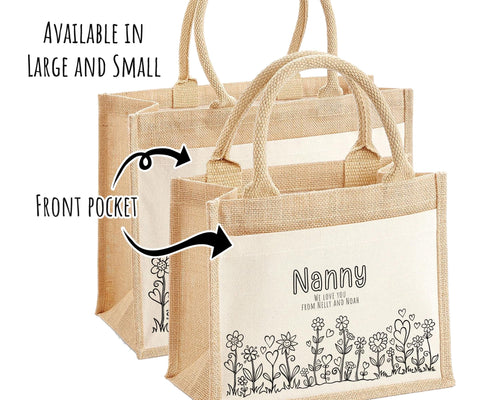 Nanny Gift Personalised Jute Bag - Floral Doodle Tote Bag Gift for Grandma Nan - Custom Shopping Market Bag for Nans Birthday Hearts BT008