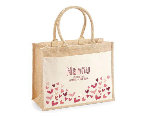 Nanny Gift Personalised Jute Bag - Love Heart Tote Bag Gift for Grandma Nan - Custom Shopping Market Bag - Nanny Bag for Nans Birthday BT009
