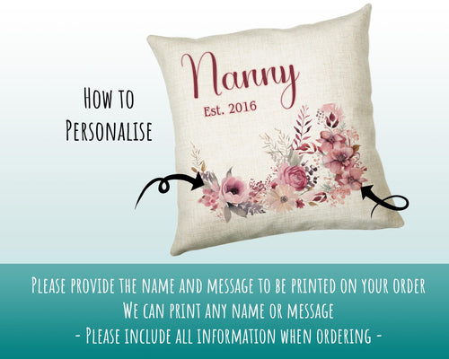 Nanny Gift Cushion - Personalised Scatter Cushion Pillow for Her Women Pink Flower Design Custom Name Granny Gift for Nan Mothers Day BC005