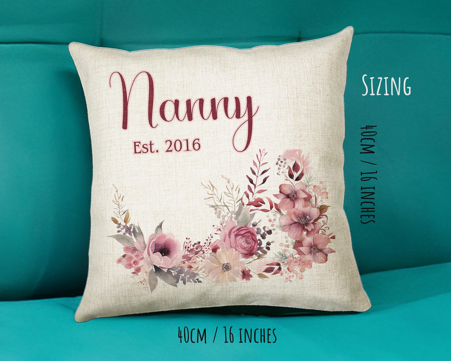 Nanny Gift Cushion - Personalised Scatter Cushion Pillow for Her Women Pink Flower Design Custom Name Granny Gift for Nan Mothers Day BC005