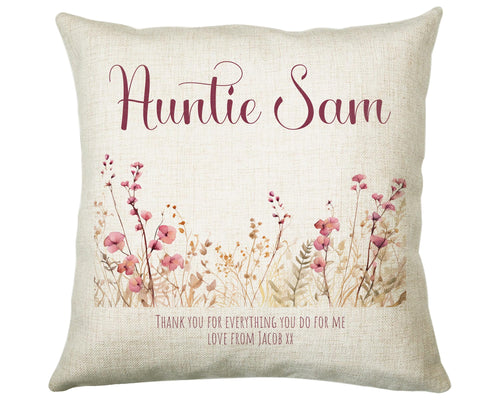Aunty Gift Cushion - Personalised Scatter Cushion Pillow for Her Women - Pink Wild Flower Design Custom Name Gift for Aunt Mothers Day BC003
