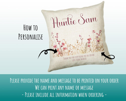 Aunty Gift Cushion - Personalised Scatter Cushion Pillow for Her Women - Pink Wild Flower Design Custom Name Gift for Aunt Mothers Day BC003