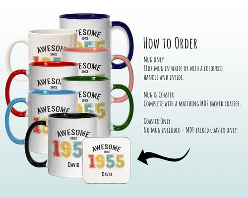 70th Birthday Gift for Men - Awesome Since 1956 Personalised Coffee Mug Coaster Age 70 Gift for Him - Retro Number Design Dad Grandad BNG70M