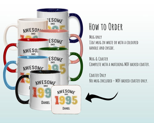 30th Birthday Gift for Men - Awesome Since 1996 Personalised Coffee Mug Coaster Age 30 Gift for Him - Retro Number Design Son Brother BNG30M