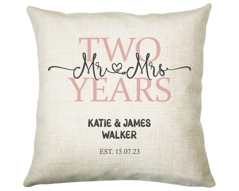 2nd Wedding Anniversary Gift for Him for Her - Second Cotton Anniversary Gift Cushion Personalised with Names Date Mr and Mrs Married BNJ02C