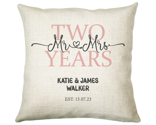 2nd Wedding Anniversary Gift for Him for Her - Second Cotton Anniversary Gift Cushion Personalised with Names Date Mr and Mrs Married BNJ02C