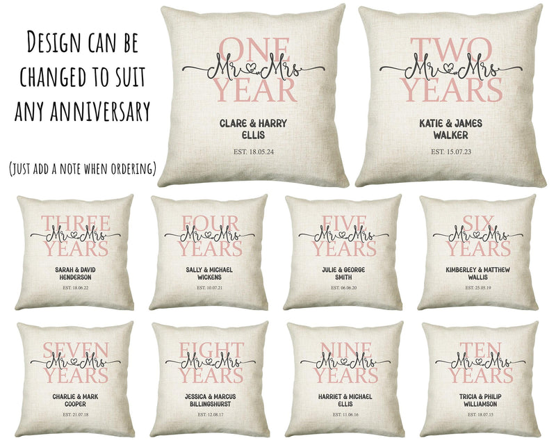 8th Wedding Anniversary Gift for Him for Her - Eighth Cotton Anniversary Gift Cushion Personalised with Names Date Mr and Mrs Married BNJ08C