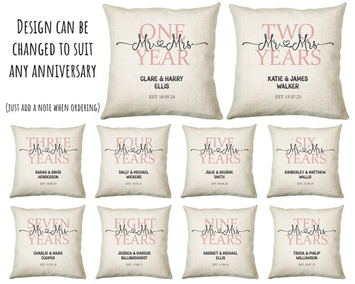 5th Wedding Anniversary Gift for Him for Her - Fifth Cotton Anniversary Gift Cushion Personalised with Names Date Mr and Mrs Married BNJ05C