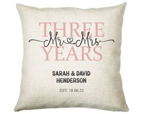 3rd Wedding Anniversary Gift for Him for Her - Third Cotton Anniversary Gift Cushion Personalised with Names Date Mr and Mrs Married BNJ03C
