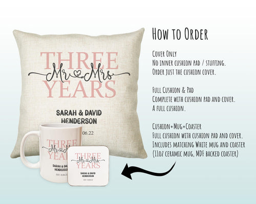 3rd Wedding Anniversary Gift for Him for Her - Third Cotton Anniversary Gift Cushion Personalised with Names Date Mr and Mrs Married BNJ03C