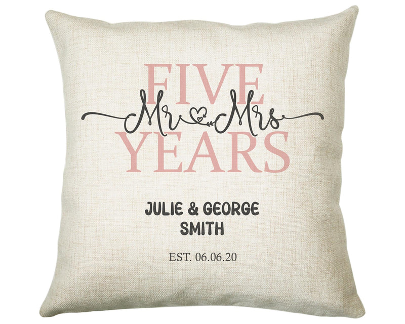5th Wedding Anniversary Gift for Him for Her - Fifth Cotton Anniversary Gift Cushion Personalised with Names Date Mr and Mrs Married BNJ05C