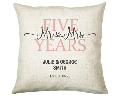 5th Wedding Anniversary Gift for Him for Her - Fifth Cotton Anniversary Gift Cushion Personalised with Names Date Mr and Mrs Married BNJ05C