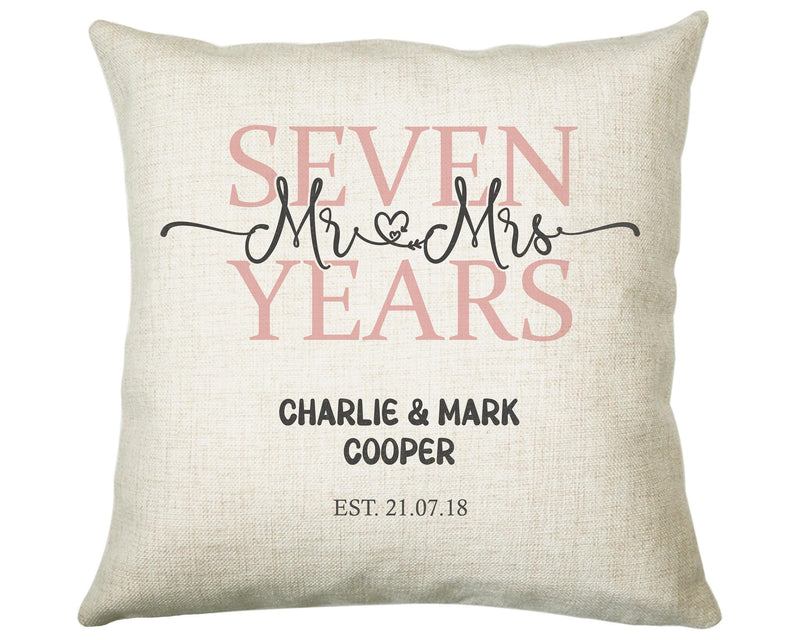 7th Wedding Anniversary Gift for Him for Her - Seventh Cotton Anniversary Gift Cushion Personalised with Names Date Mr and Mrs Married BNJ07