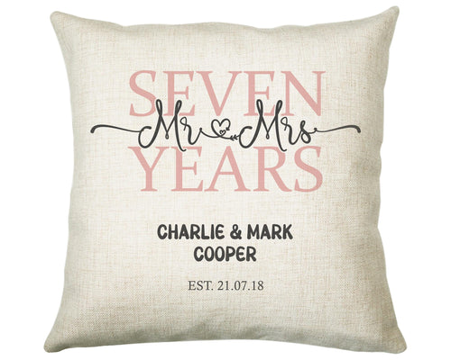 7th Wedding Anniversary Gift for Him for Her - Seventh Cotton Anniversary Gift Cushion Personalised with Names Date Mr and Mrs Married BNJ07