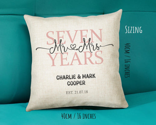 7th Wedding Anniversary Gift for Him for Her - Seventh Cotton Anniversary Gift Cushion Personalised with Names Date Mr and Mrs Married BNJ07