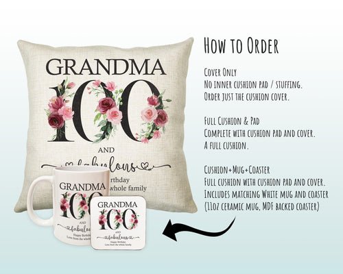 100th Birthday Gift for Women - Personalised 100 and Fabulous Birthday Cushion Age 100 Gift for Her - Ladies Floral Age Grandma Nan BNK100C