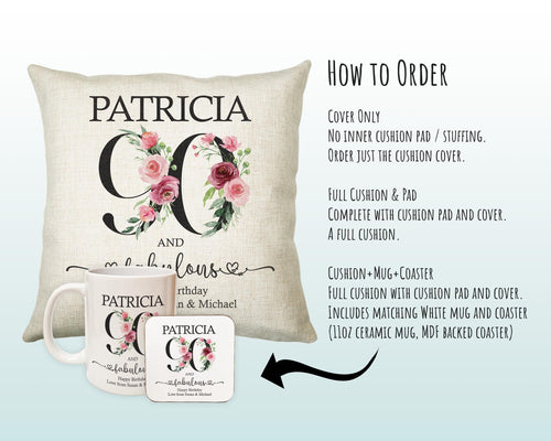 90th Birthday Gift for Women - Personalised 90 and Fabulous Birthday Cushion Age 90 Gift for Her - Ladies Floral Age Mum Nan Ninety BNK90C