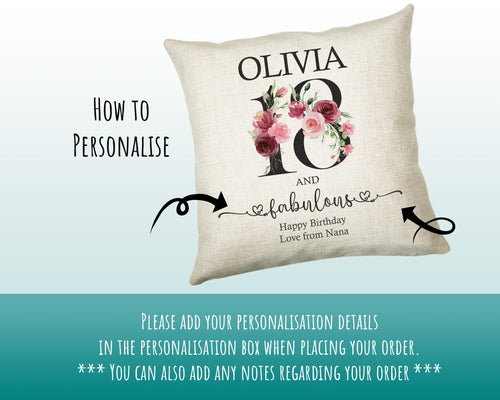 18th Birthday Gift for Women - Personalised 18 and Fabulous Birthday Cushion Age 18 Gift for Her - Ladies Floral Daughter Eighteen BNK18C