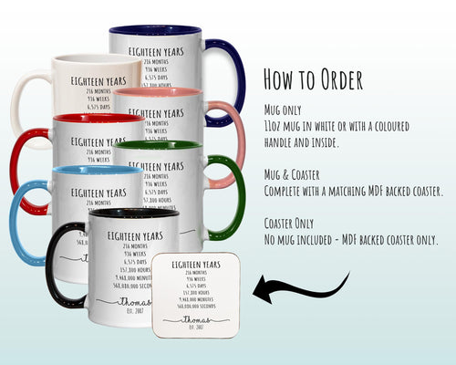 18th Birthday Gift for Men - Personalised Birthday Coffee Mug Coaster Age 18 Gift for Him Mens Lifetime Design - Son Brother Eighteen BNE18M