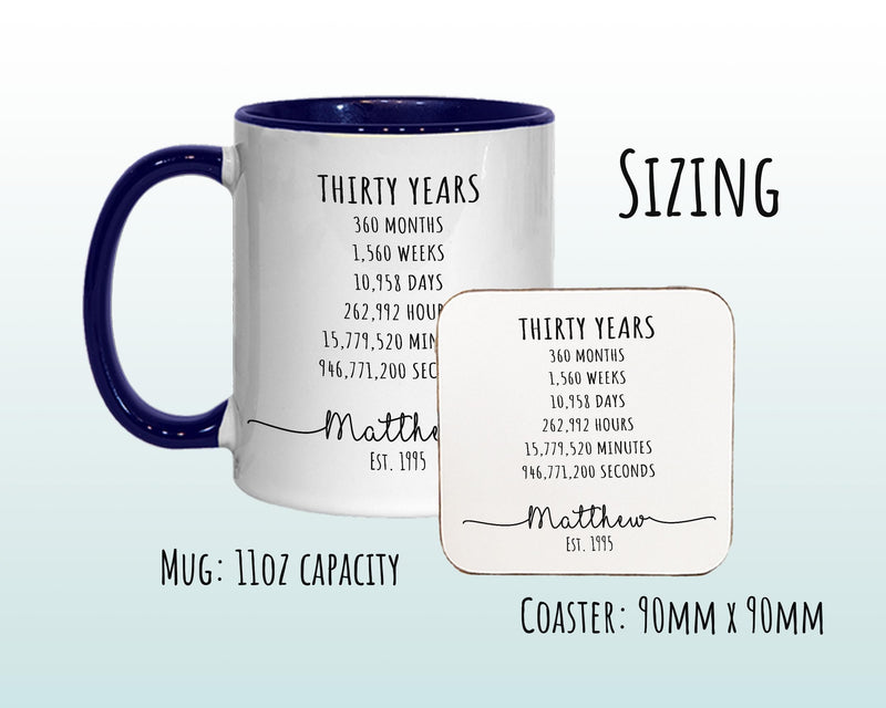 30th Birthday Gift for Men - Personalised Birthday Coffee Mug Coaster Age 30 Gift for Him Mens Lifetime Design - Son Brother Thirty BNE30M