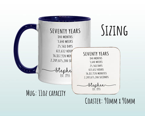 70th Birthday Gift for Men - Personalised Birthday Coffee Mug Coaster Age 70 Gift for Him Mens Lifetime Design Dad Grandad Seventy BNE70M