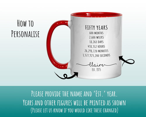 50th Birthday Gift for Her - Personalised Birthday Coffee Mug Coaster Age 50 Gift for Women Lifetime Design Daughter Mum Sister Fifty BNE50M