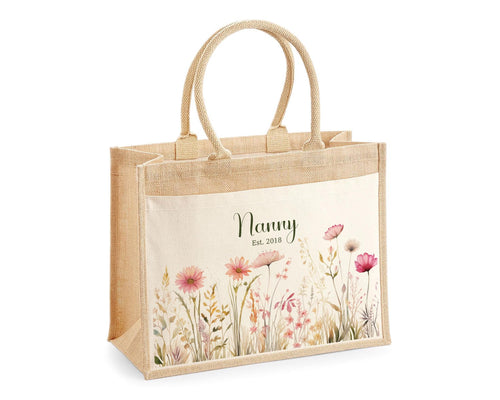 Nanny Gift Personalised Jute Bag - Pink Wild Flower Tote Bag Gift for Grandma Nan - Custom Shopping Market Bag - Bag for Nans Birthday BT001