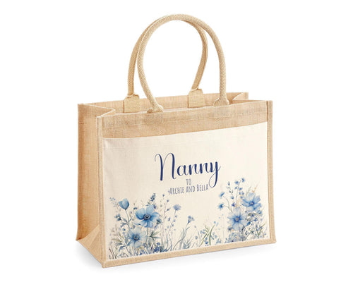 Nanny Gift Personalised Jute Bag - Blue Wild Flowers Tote Bag Gift for Grandma Nan - Custom Shopping Market Bag - Bag for Nan Birthday BT002