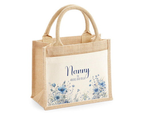 Nanny Gift Personalised Jute Bag - Blue Wild Flowers Tote Bag Gift for Grandma Nan - Custom Shopping Market Bag - Bag for Nan Birthday BT002