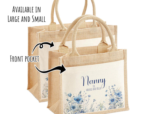 Nanny Gift Personalised Jute Bag - Blue Wild Flowers Tote Bag Gift for Grandma Nan - Custom Shopping Market Bag - Bag for Nan Birthday BT002